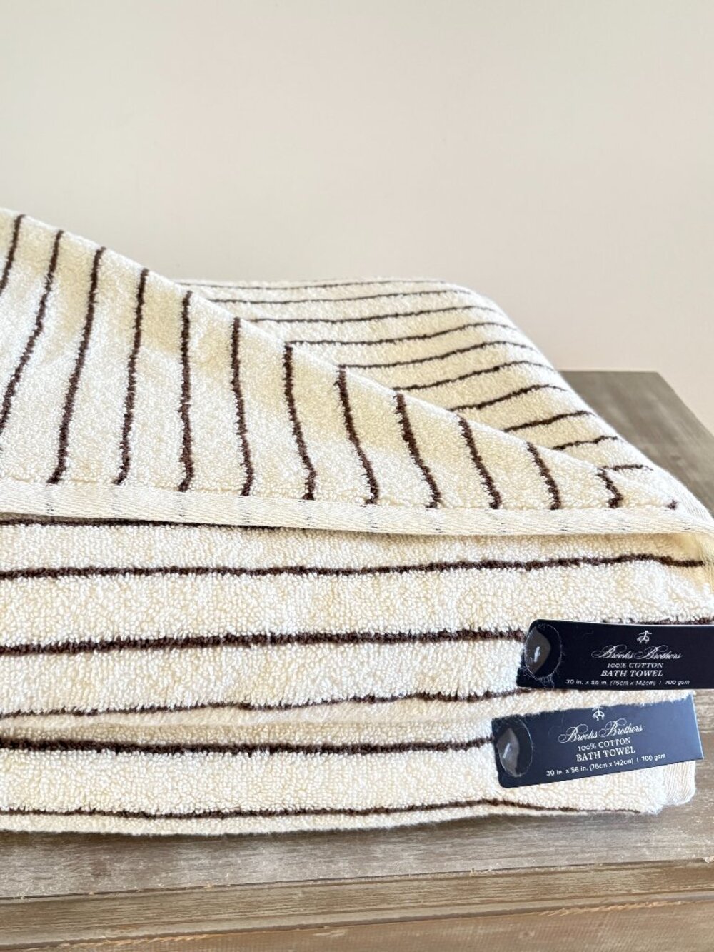 BROOKS BROTHERS Premium Turkish Bath Towels Striped Ivory /Espresso 700 Gsm 2PC